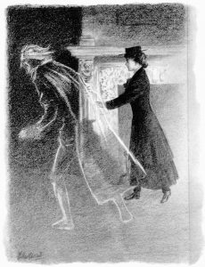 "The ghost glided on more swiftly" Illustration by Wallace Goldsmith, made available by Project Gutenberg
