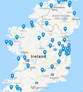 Map of Ireland showing Touring Tuesday Locations