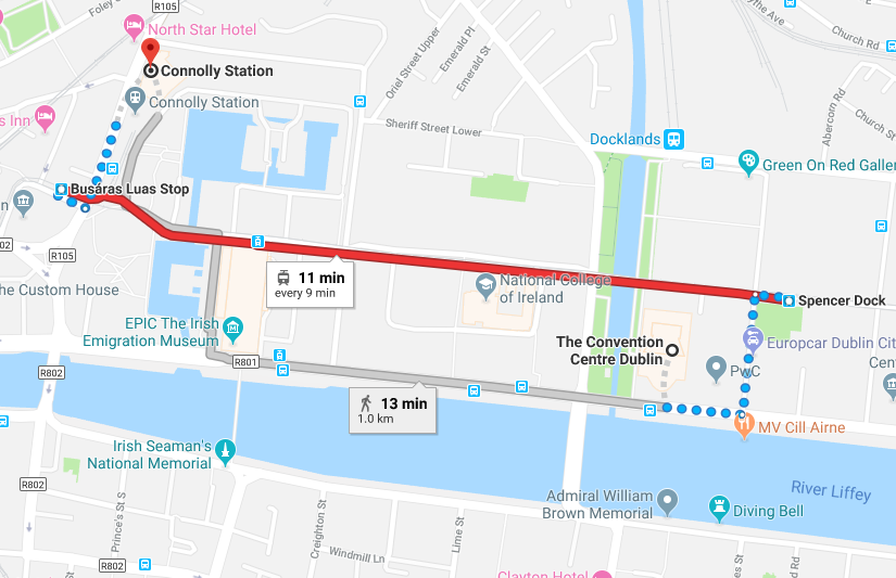 Convention Centre Dublin to Connolly Train Station Map